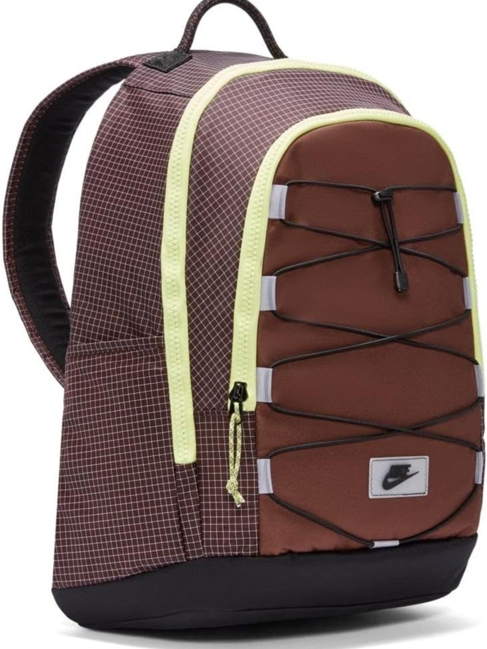 Nike Hayward 2.0 Brown Backpack with Neon Green Zipper Bungee Checkered NEW!
